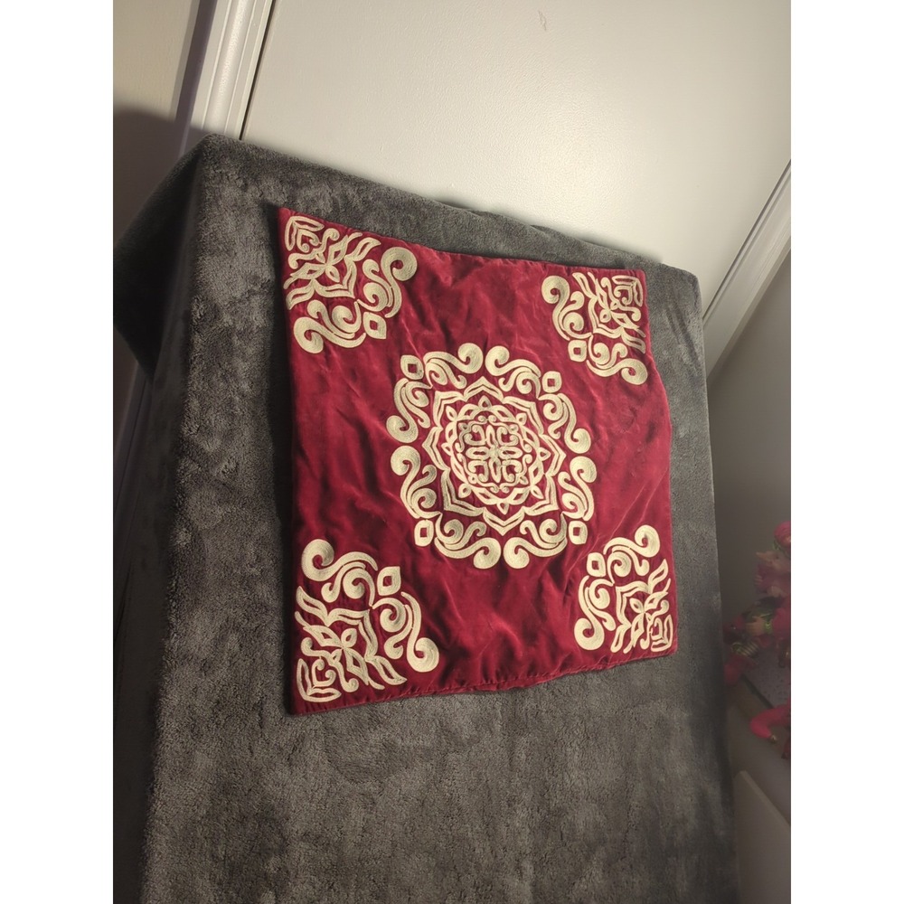 Pottery Barn Red Velvet Cream Embroidered Medallion Pillow Cover 24in Square
